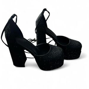 Unbranded Black Long Laces Platform Mary Jane High Heels Size 8 Rhinestones